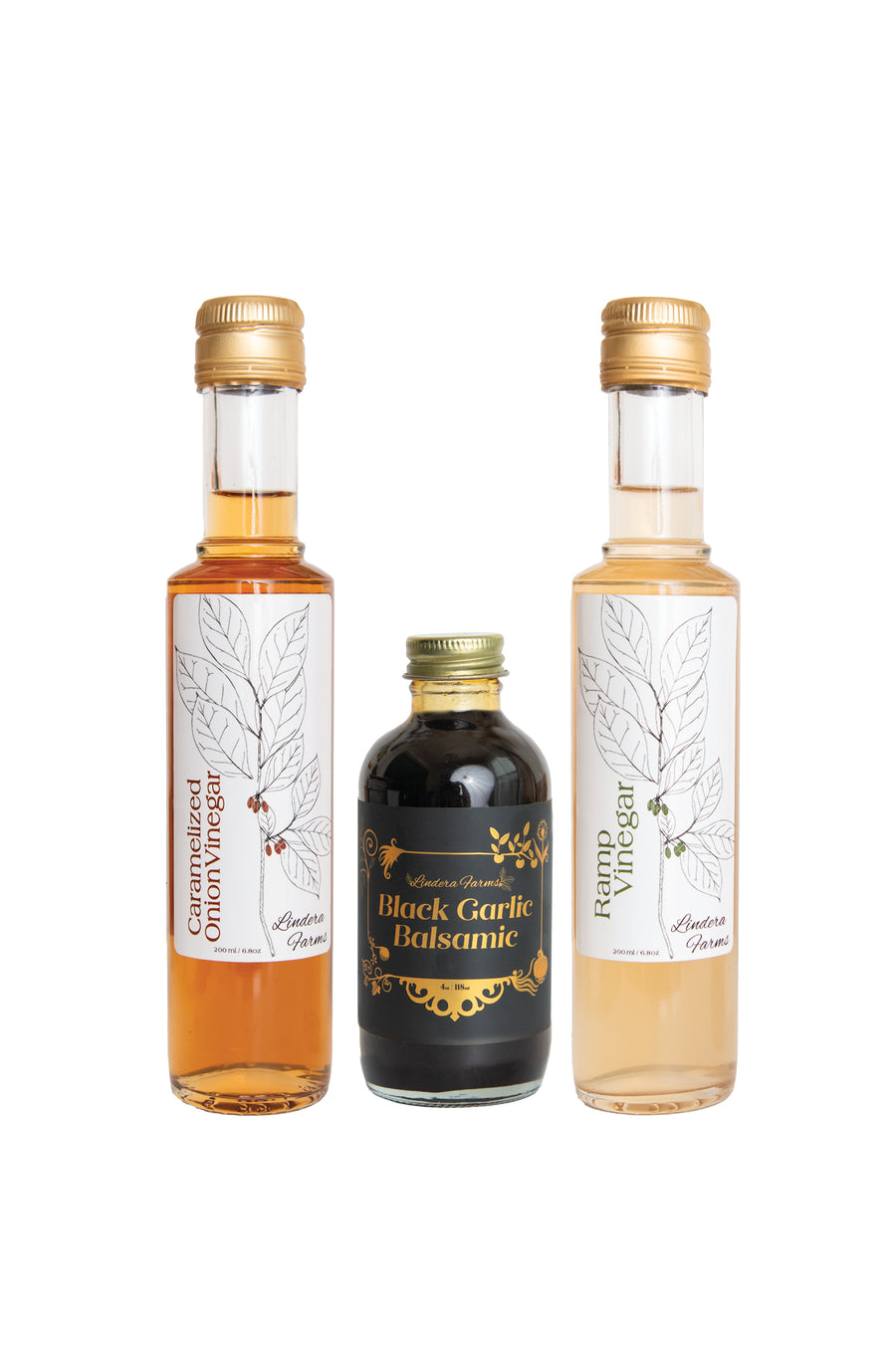 Three bottles of different types of vinegar on a white background